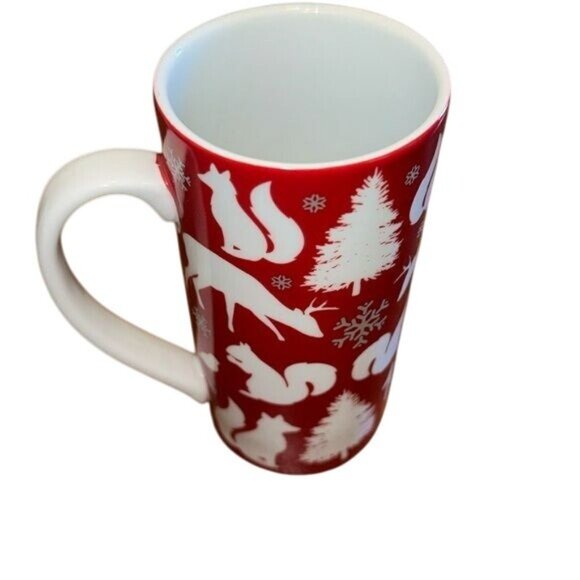 Red & White Food Network Porcelain Holiday Mug With Woodland Animal & Snowflake - Picture 1 of 5